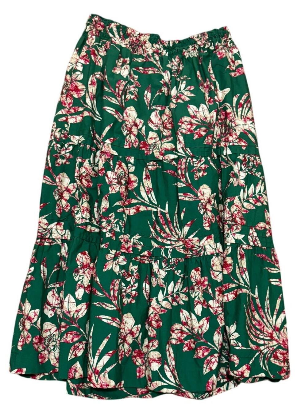by Anthropologie Tiered Floral Maxi Skirt, Green Botanical Print, Size XL